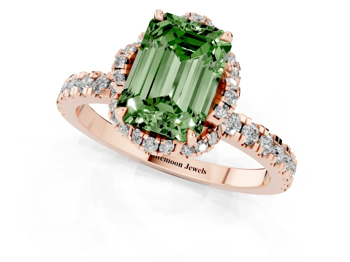 Fancy Green Emerald Cut Diamond Halo Pave Band with Four-Prong Setting Rose gold