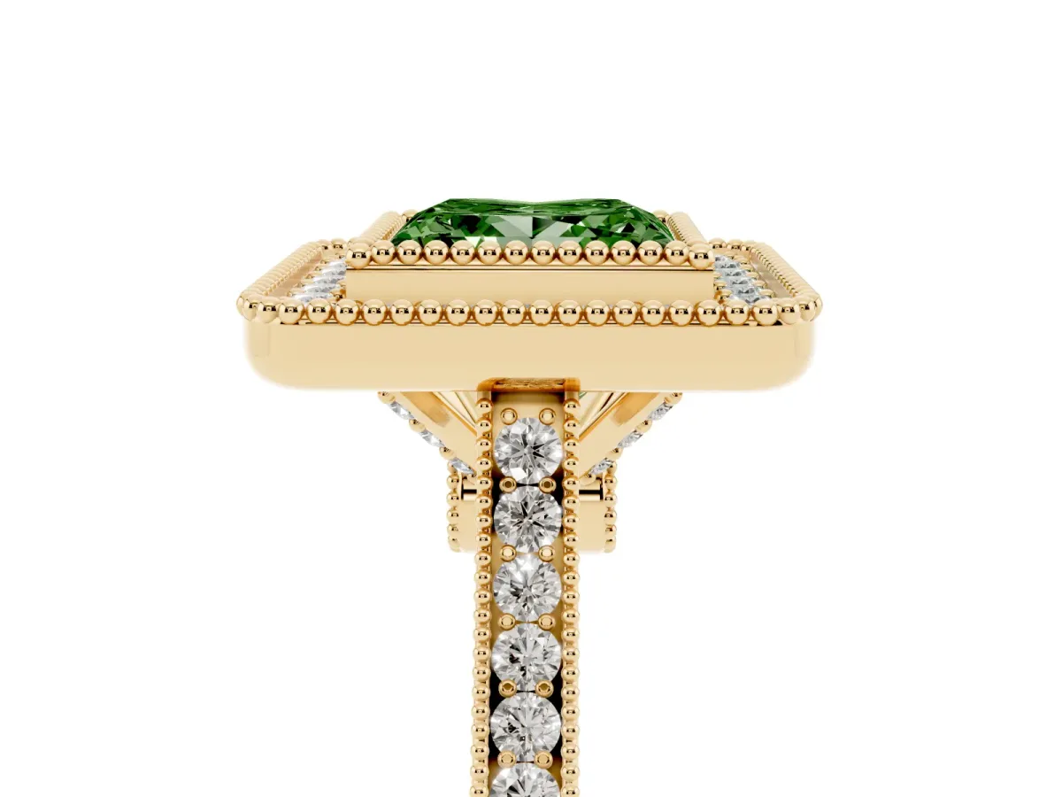 Fancy Green Princess Cut Diamond Halo Ring with Milgrain Frame and Pavé Band Yellow gold