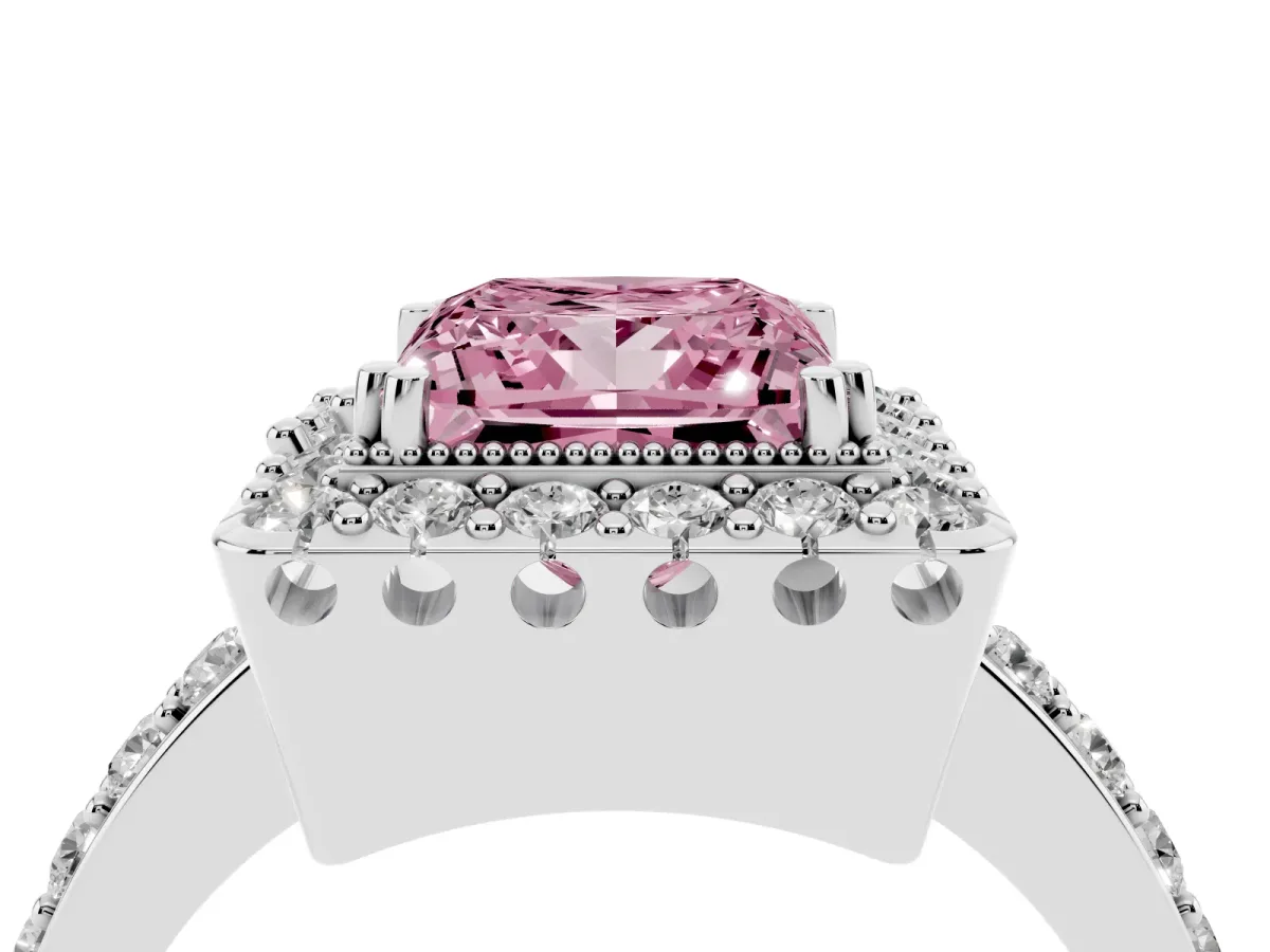 Fancy Pink Princess Cut Diamond Halo Ring with Pavé Band and Prong Setting Silver
