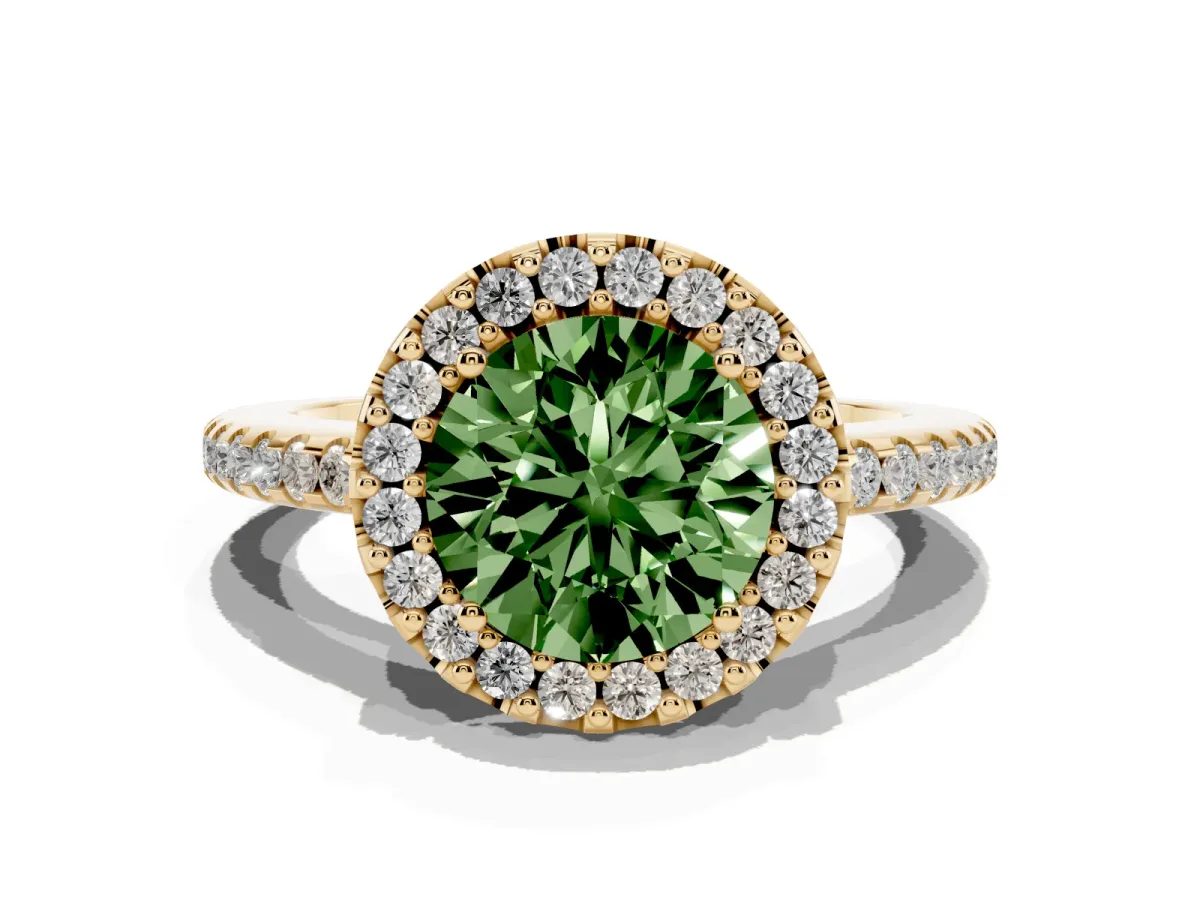 Fancy Green Round Cut Diamond Pavé Halo Ring with Four-Prong Setting Yellow gold