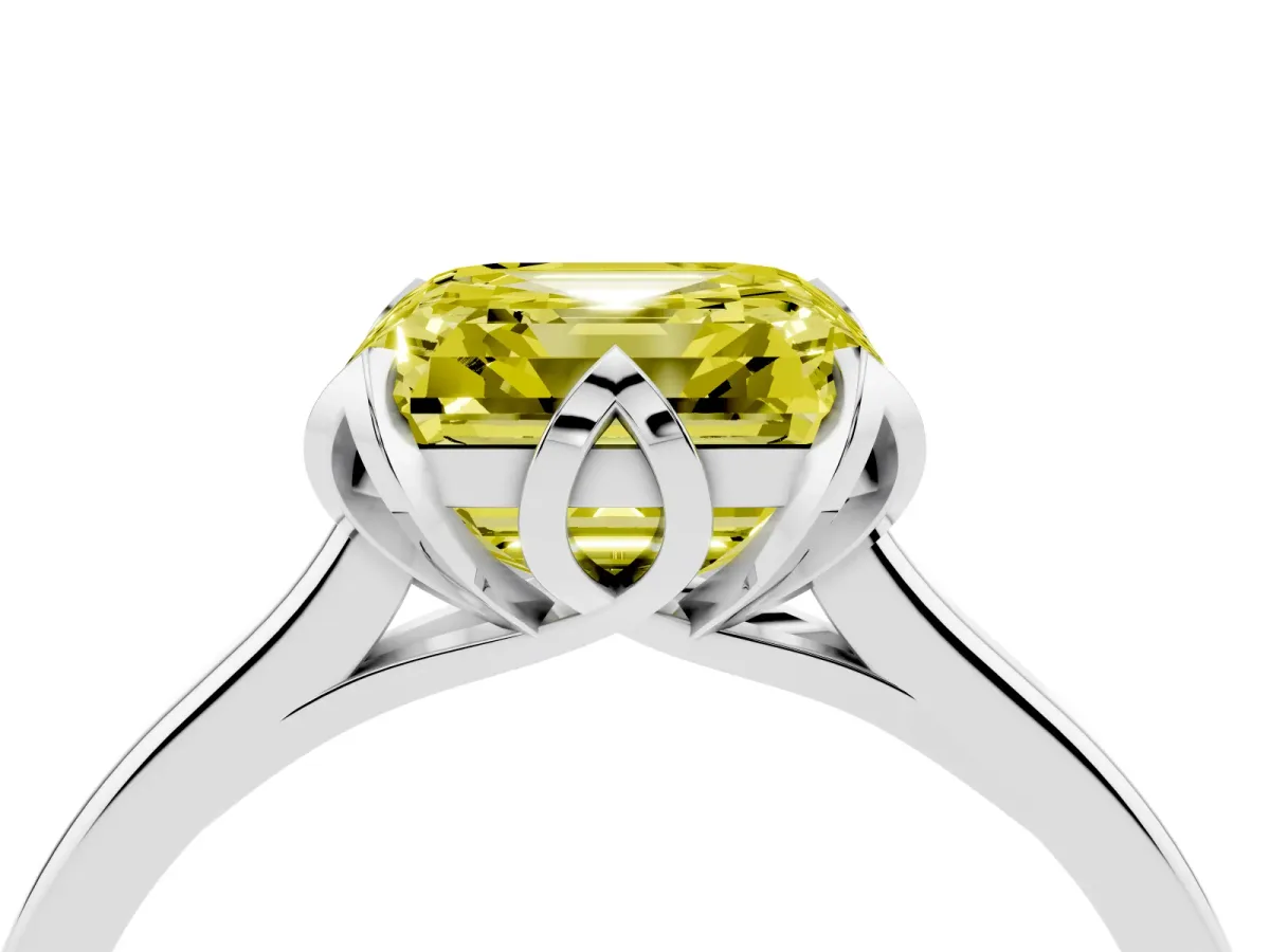 Fancy Yellow Asscher Cut Diamond Solitaire Ring with Flower Prong Setting and Classic Band Silver