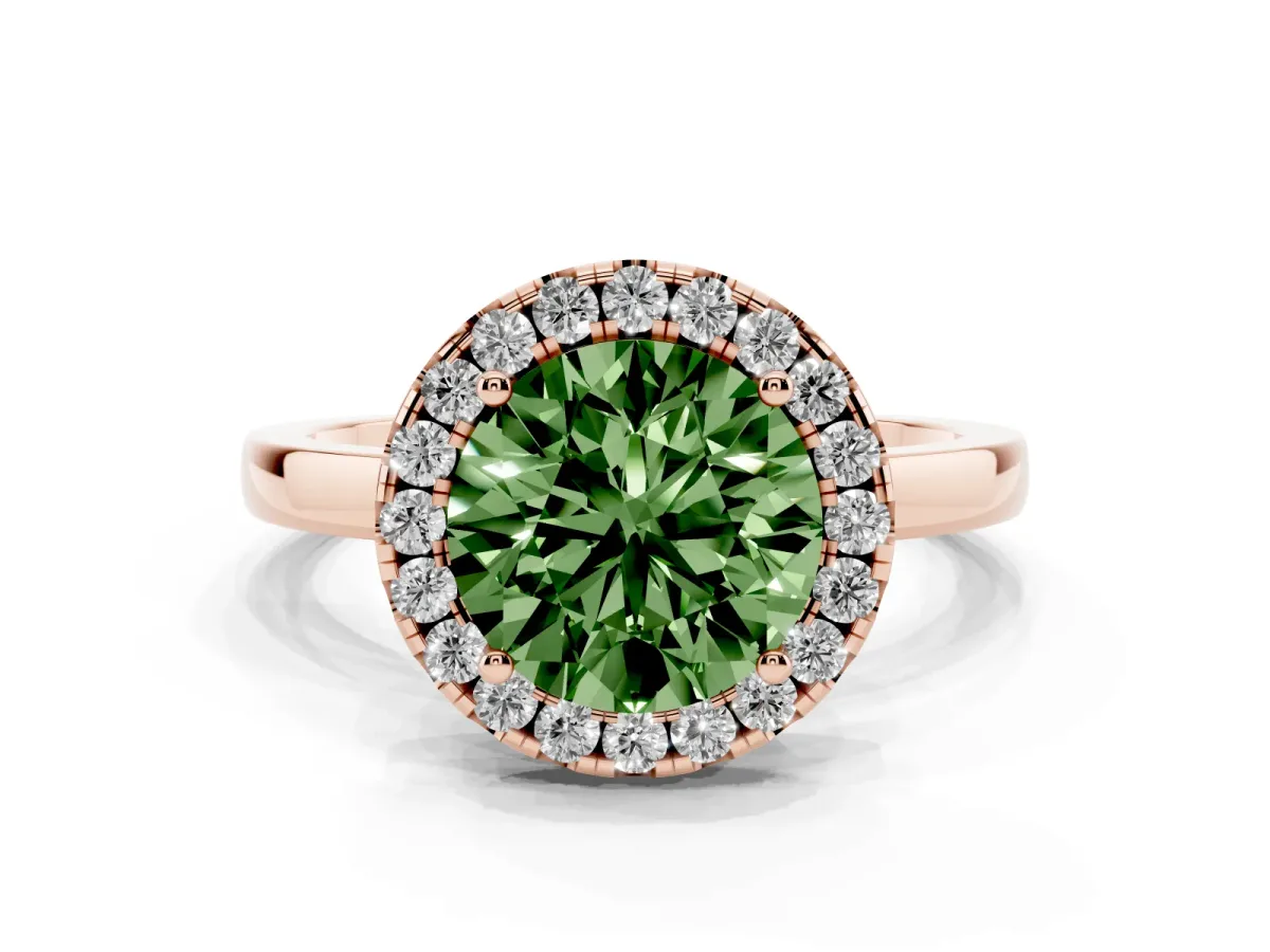 Fancy Green Round Cut Halo Diamond Solitaire with Pavé Band and Four-Prong Setting Rose gold