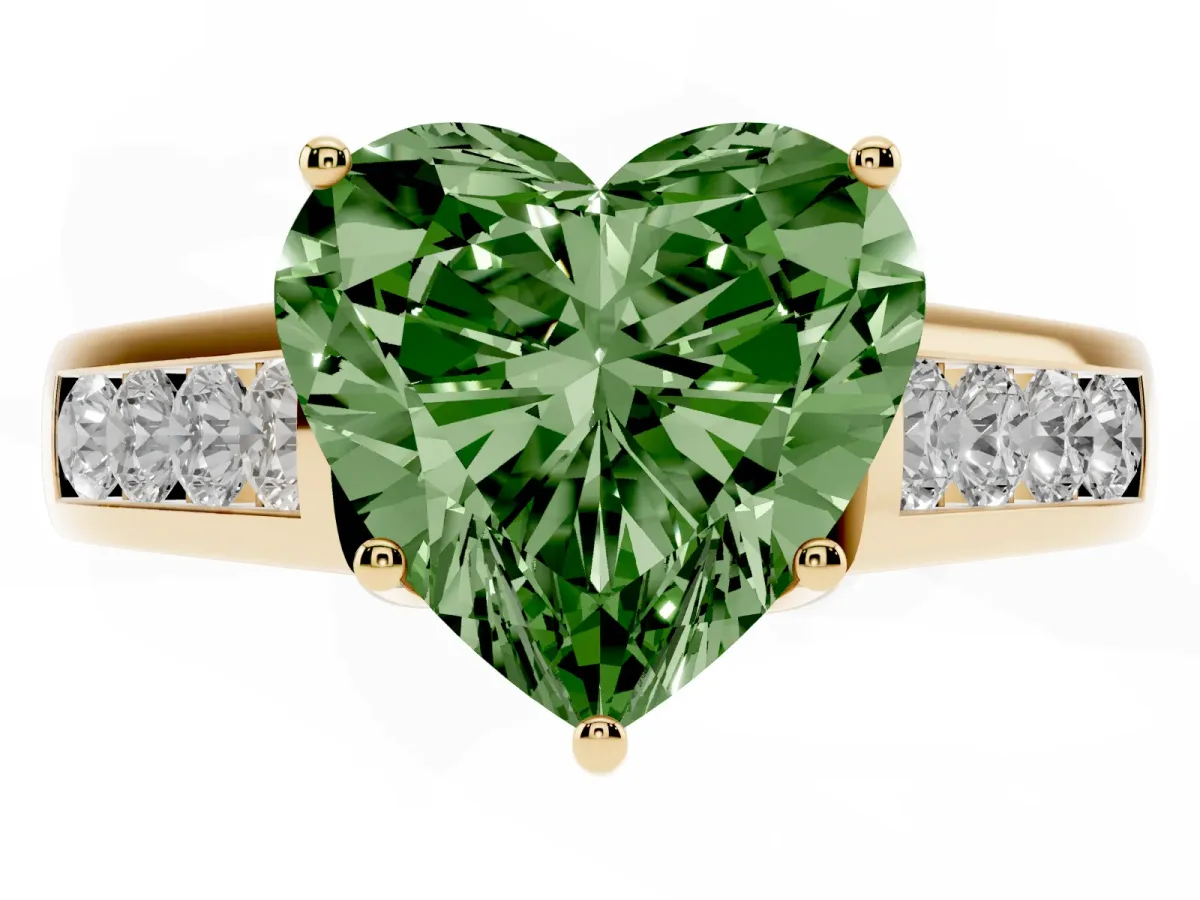 Fancy Green Heart Cut Brilliant Channel-Set Solitaire Ring with Four-Prong Setting Yellow gold