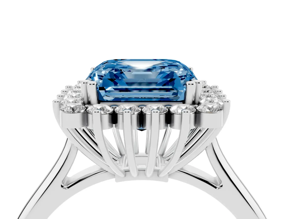 Fancy Blue Asscher Cut Cut Diamond Halo Ring with Solitaire Band and Prong Setting Platinum