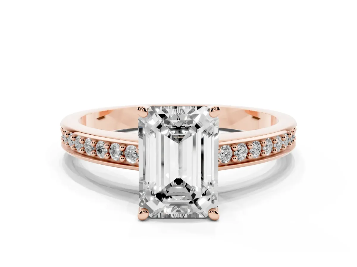 Emerald Cut Solitaire Pavé Band Prong Setting Ring Rose gold