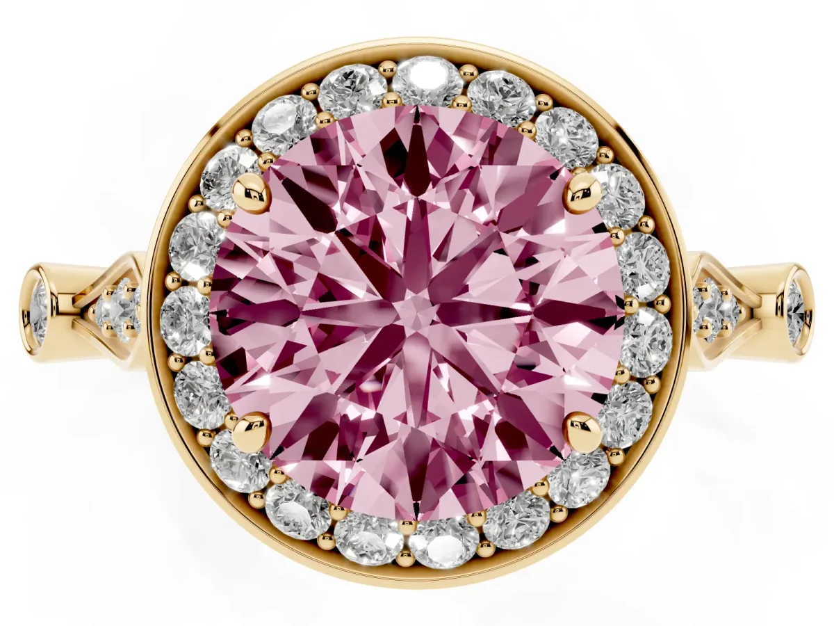 Fancy Pink Round Cut Halo Diamond Engagement Ring with Twisted Band and Four-Prong Setting Yellow gold