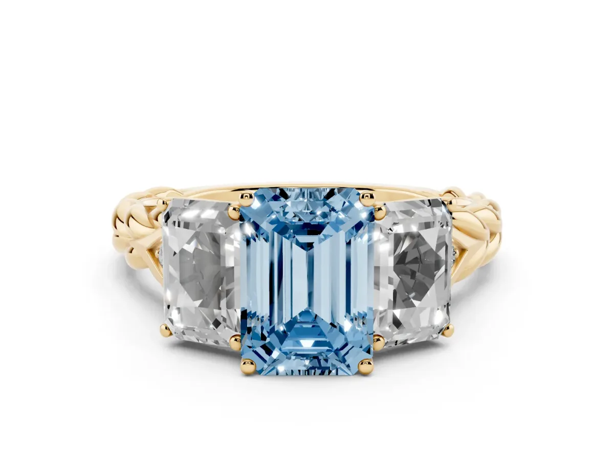 Fancy Blue Three-Stone Emerald Cut Diamond Braided Band Ring with Four-Prong Setting Yellow gold