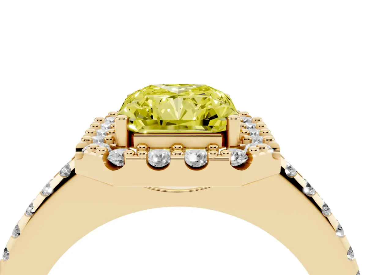 Fancy Yellow Radiant Cut Diamond Pavé Halo Ring with Four-Prong Setting Yellow gold