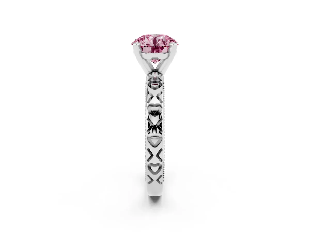 Fancy Pink Round Cut Solitaire Diamond Engagement Ring with XO Engraved Band and Four-Prong Setting Silver