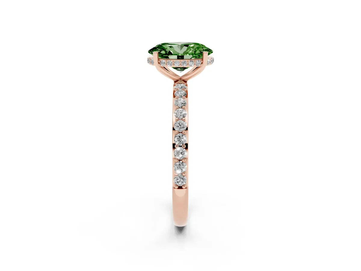 Fancy Green Oval Cut Diamond Solitaire Ring with Pavé Band and Hidden Halo Rose gold
