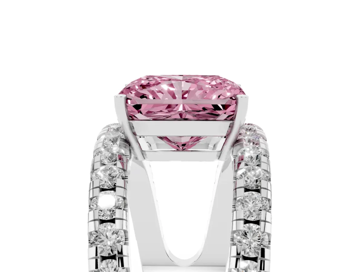 Fancy Pink Radiant Cut Solitaire Split Shank Pave Diamond Ring Silver