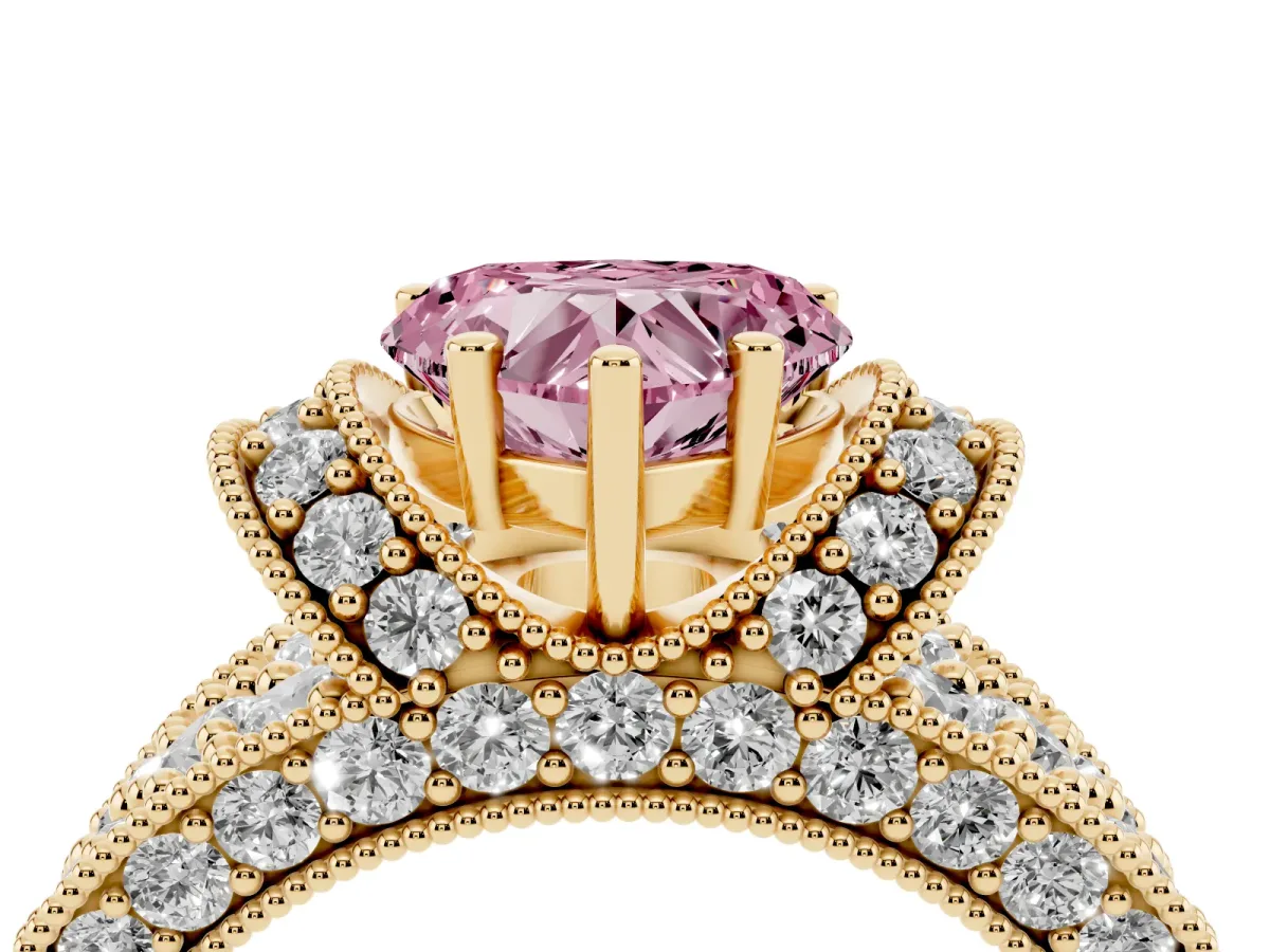 Fancy Pink Heart Cut Halo Pave Diamond Engagement Ring with Milgrain Detailing Yellow gold
