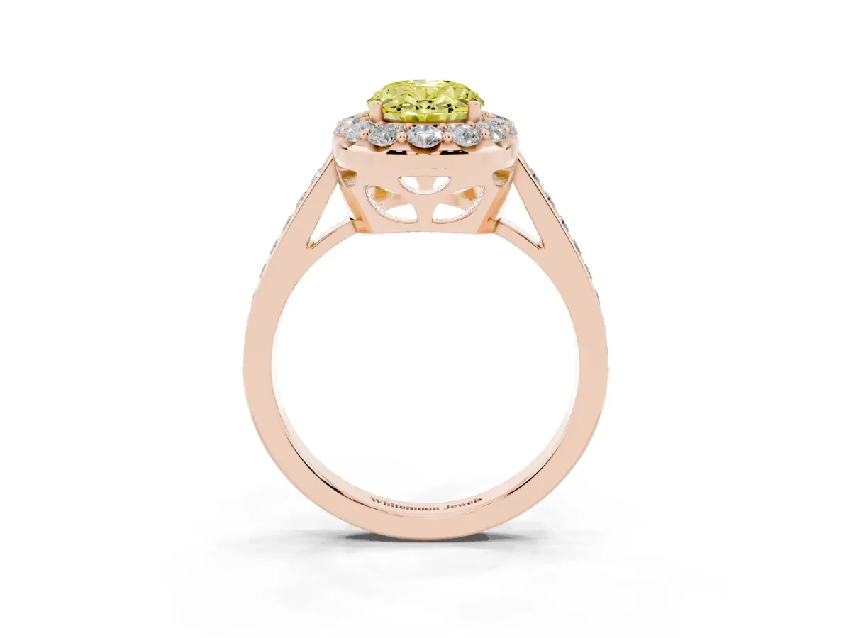 Fancy Yellow Oval Cut Diamond Floral Halo Ring with Pavé Band and Prong Setting Rose gold