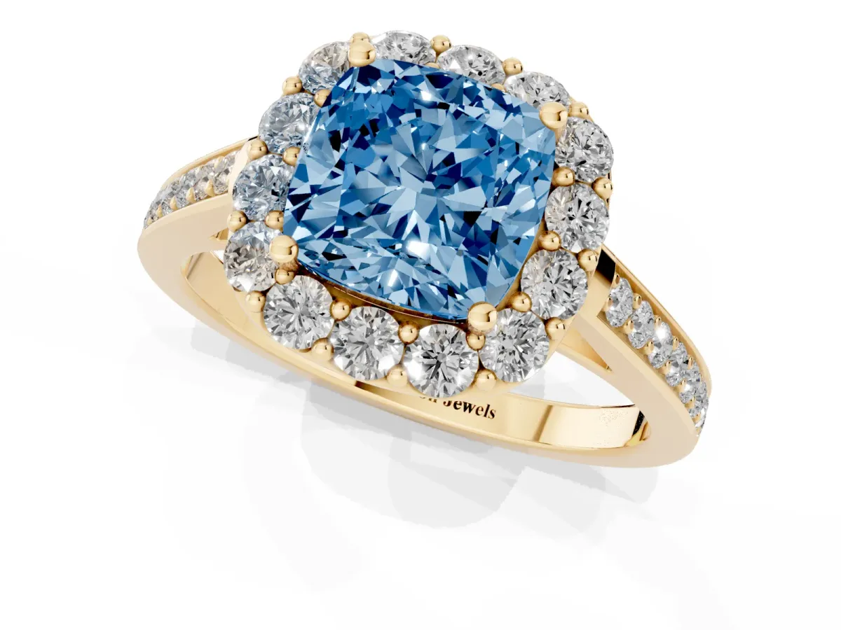Fancy Blue Cushion Cut Diamond Floral Halo Ring with Pavé Band and Prong Setting Yellow gold