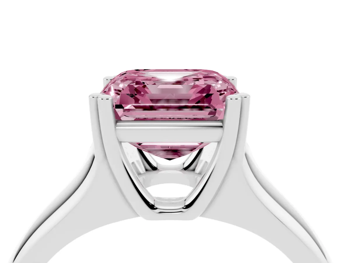 Fancy Pink Asscher Cut Diamond Solitaire Ring with Wide Band and Prong Setting Platinum
