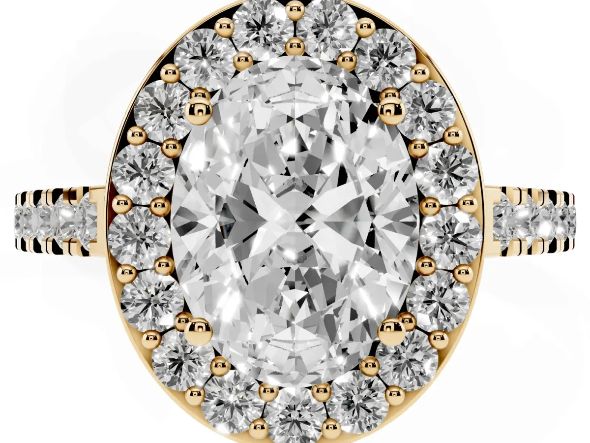 Oval Cut Diamond Halo Ring with Round Pavé Split Shank and Prong Setting Yellow gold