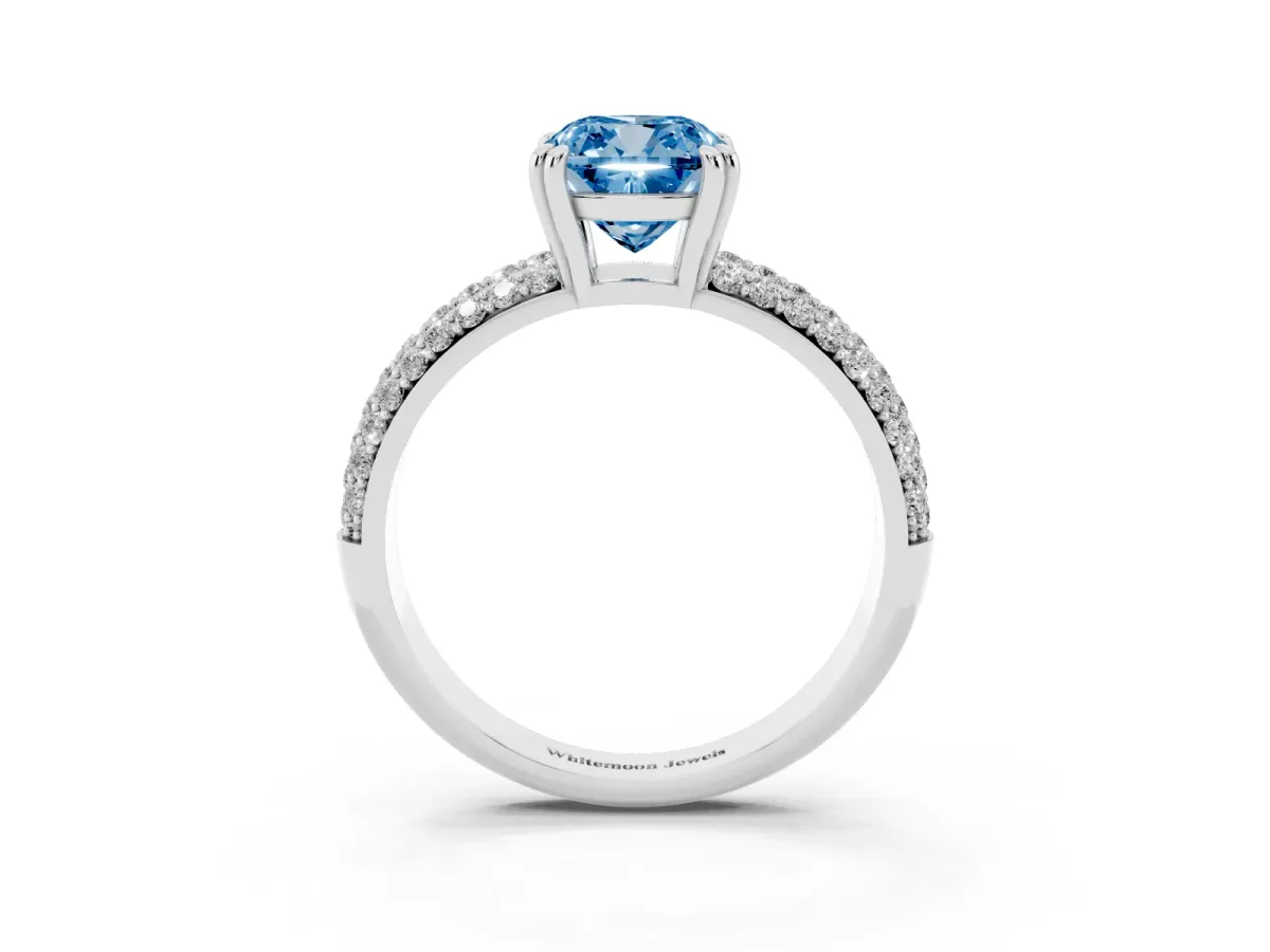 Fancy Blue Cushion Cut Diamond Solitaire Ring with Multi-Row Round Pavé Band and Prong Setting Silver