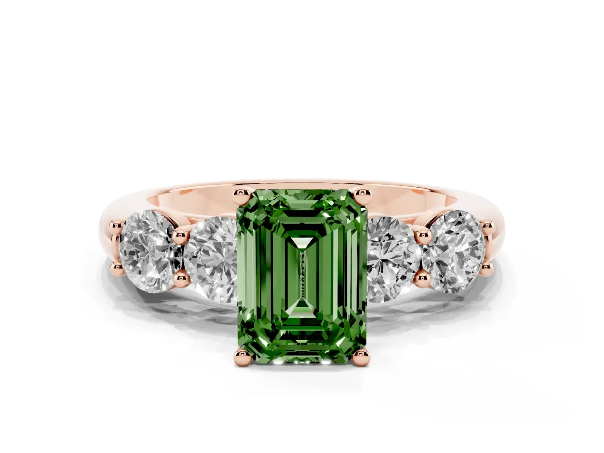 Fancy Green Emerald Cut Cut Five-Stone Prong Set Diamond Ring with Classic Band Rose gold