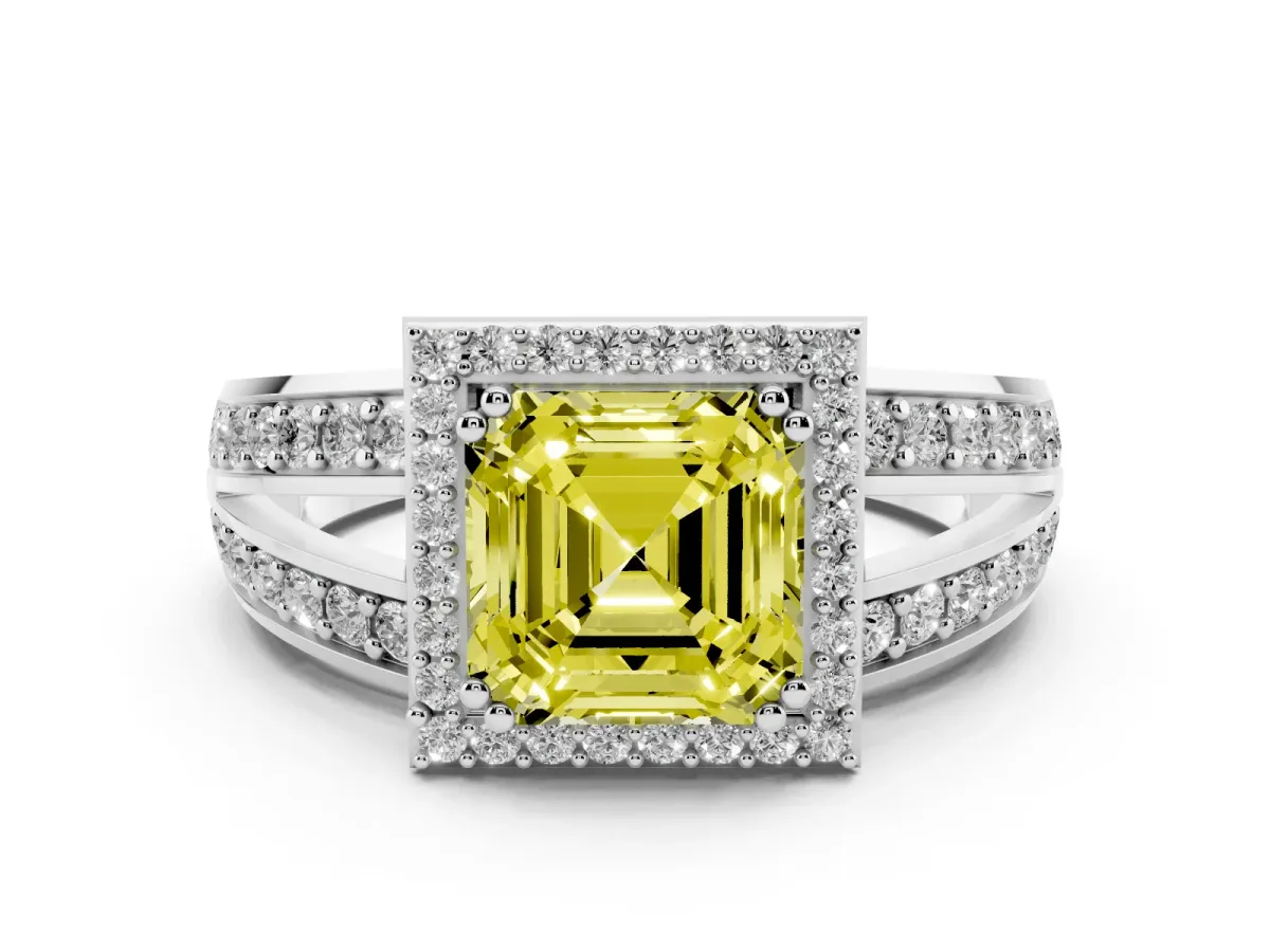 Fancy Yellow Asscher Cut Diamond Halo Ring with Split Shank Pavé Band and Four-Prong Setting Silver