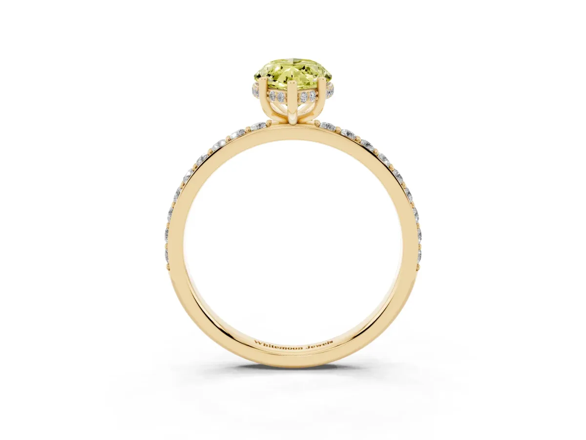 Fancy Yellow Marquise Cut Diamond Solitaire Ring with Pavé Band and Hidden Halo Yellow gold