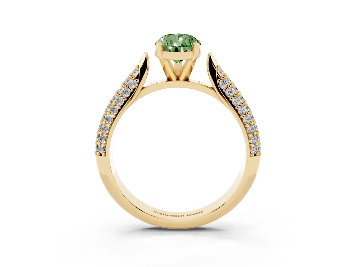 Fancy Green Pear Cut Diamond Solitaire Engagement Ring with Multi-Row Round Pavé Band and Prong Setting Yellow gold