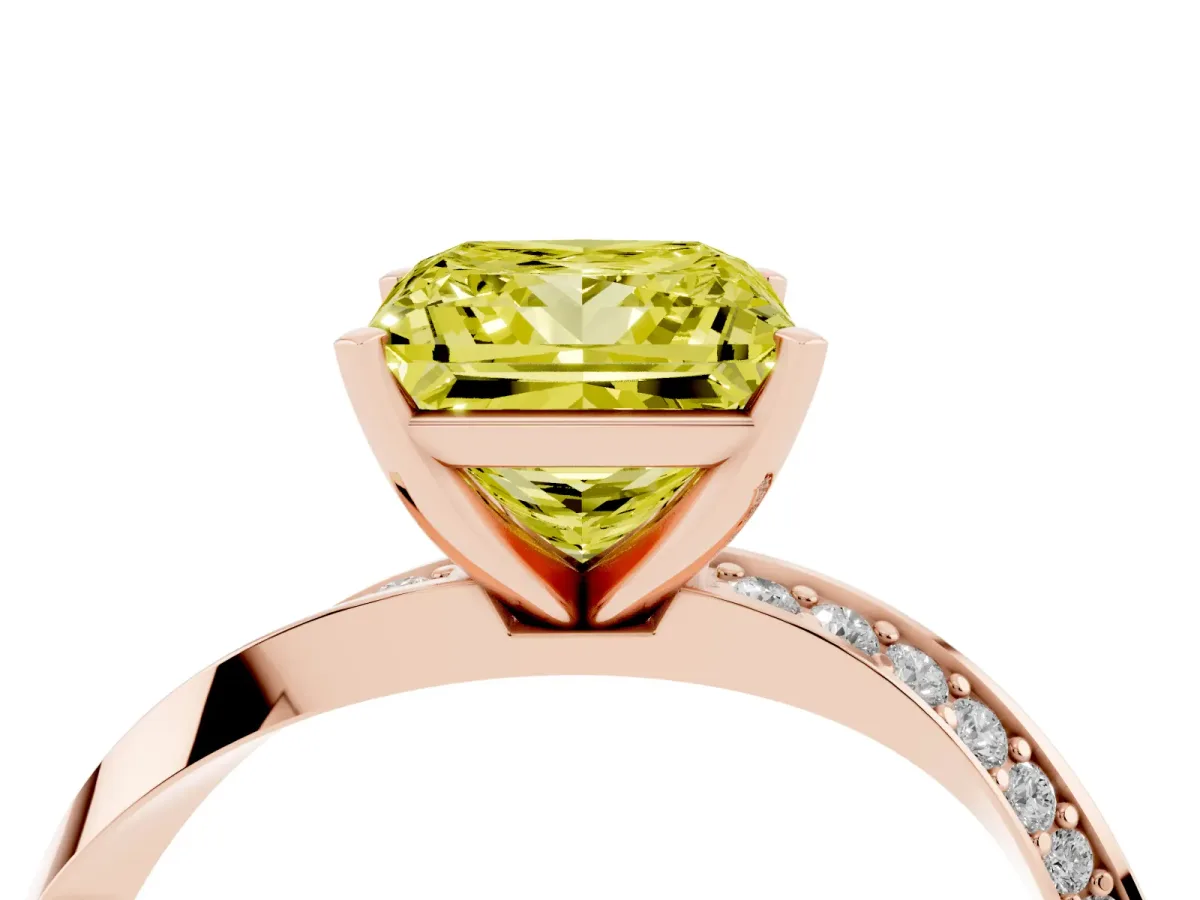Fancy Yellow Princess Cut Diamond Engagement Ring with Side Stone Accents and Four-Prong Setting Rose gold
