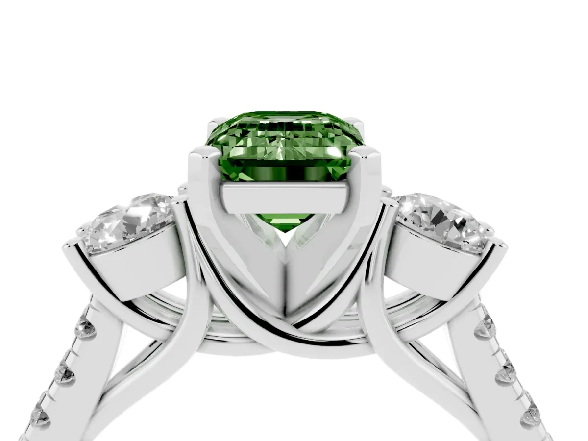 Fancy Green Three-Stone Emerald Cut Diamond Pavé Band with Four-Prong Setting Silver