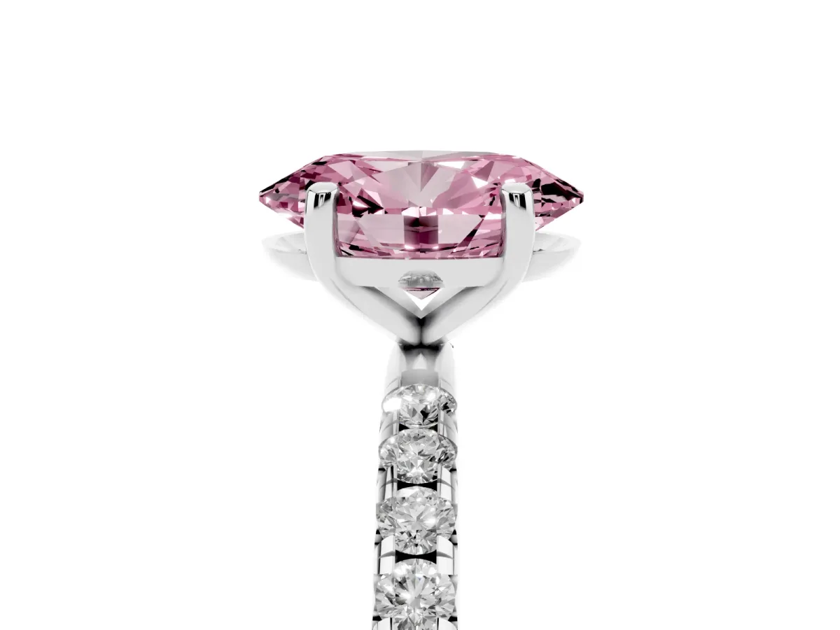 Fancy Pink Oval Cut Cut Diamond Solitaire Ring with Micro Pave Band and Four Prong Setting Silver
