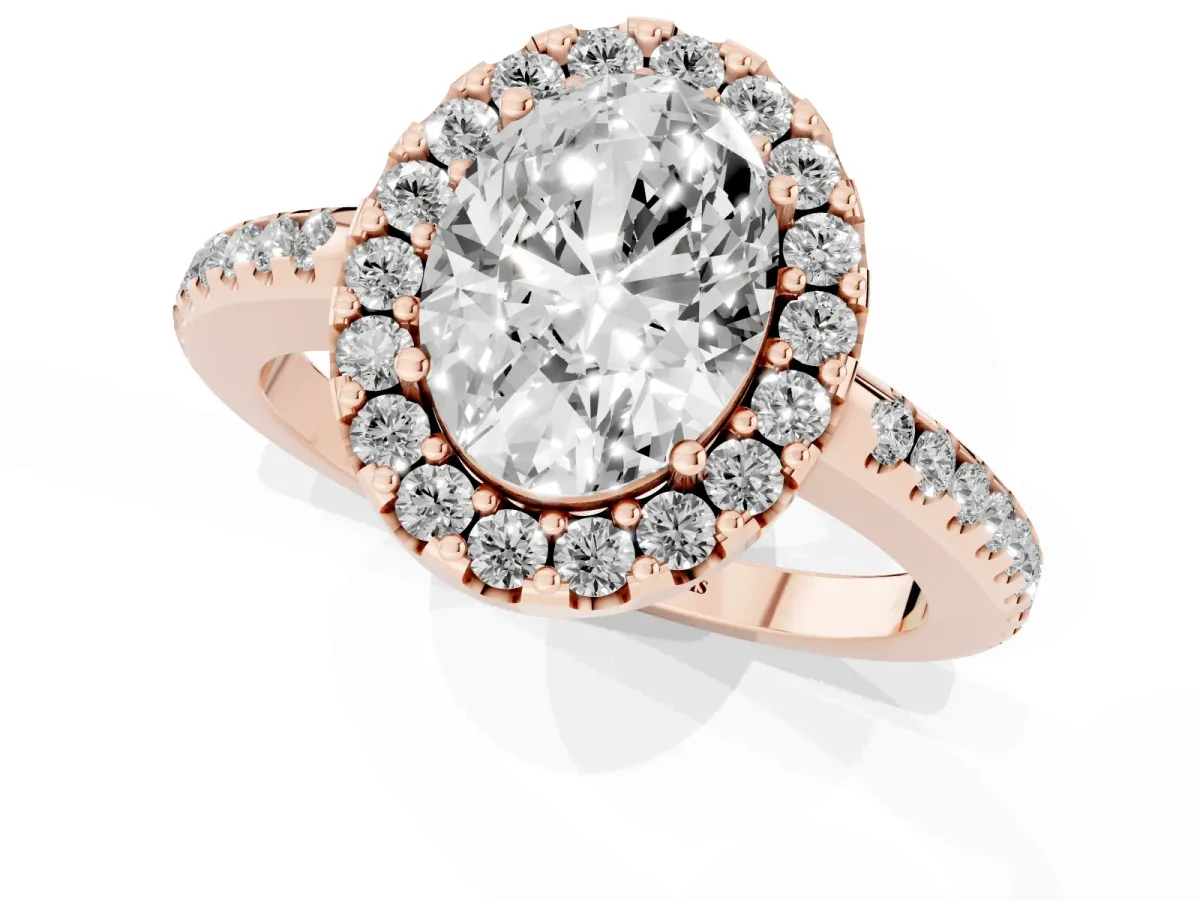 Oval Cut Diamond Pavé Halo Ring with Four-Prong Setting Rose gold