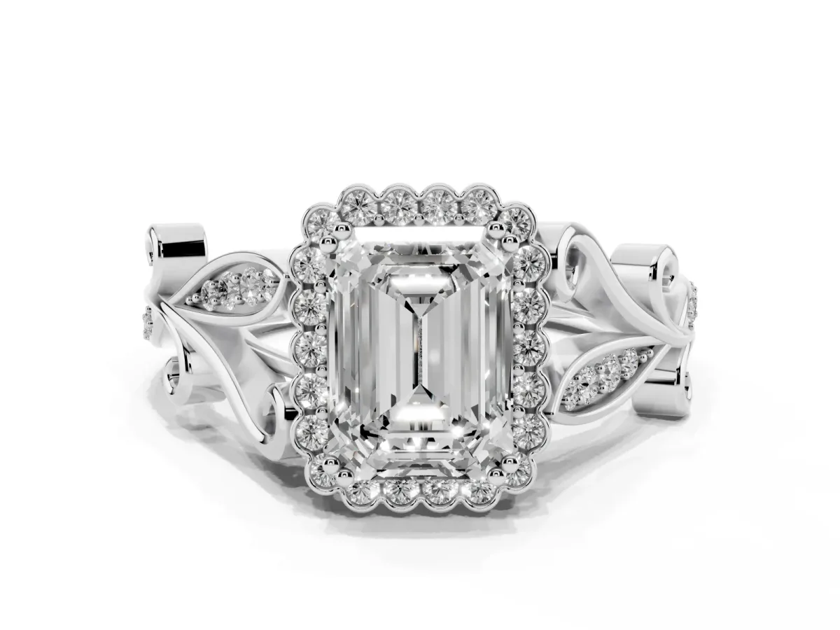 Emerald Cut Diamond Halo Ring with Vintage Split Shank and Four-Prong Setting Silver