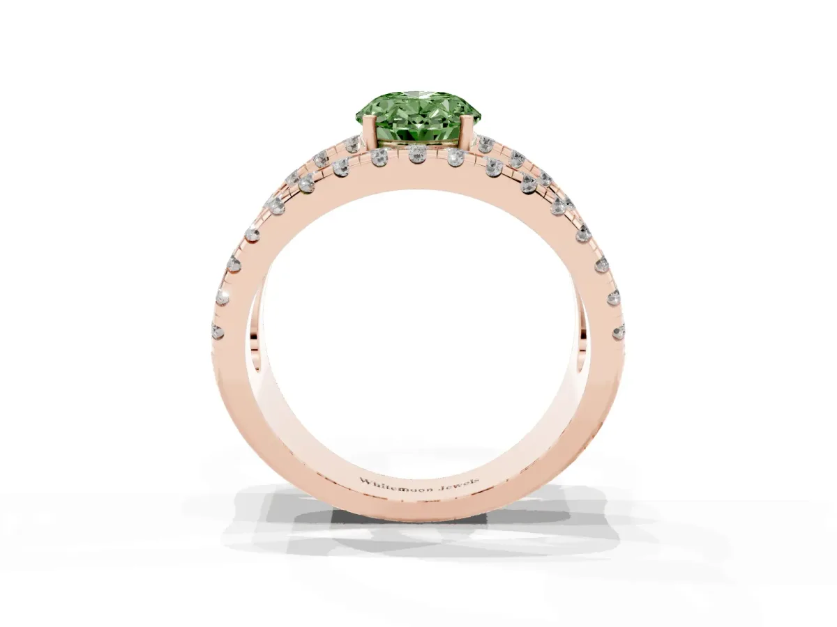 Fancy Green Oval Cut Solitaire Split Shank Pave Diamond Ring Rose gold