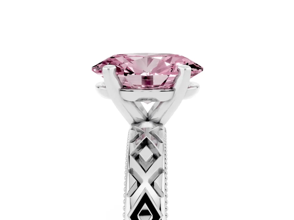 Fancy Pink Oval Cut Solitaire Diamond Ring with Milgrain and Black Enamel X Pattern Band Silver