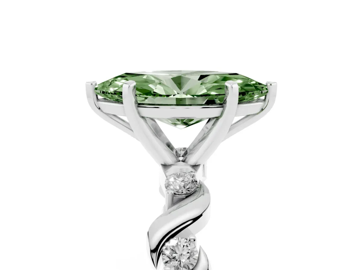 Fancy Green Marquise Cut Diamond Solitaire Twisted Band with Round Accents and Prong Setting Silver