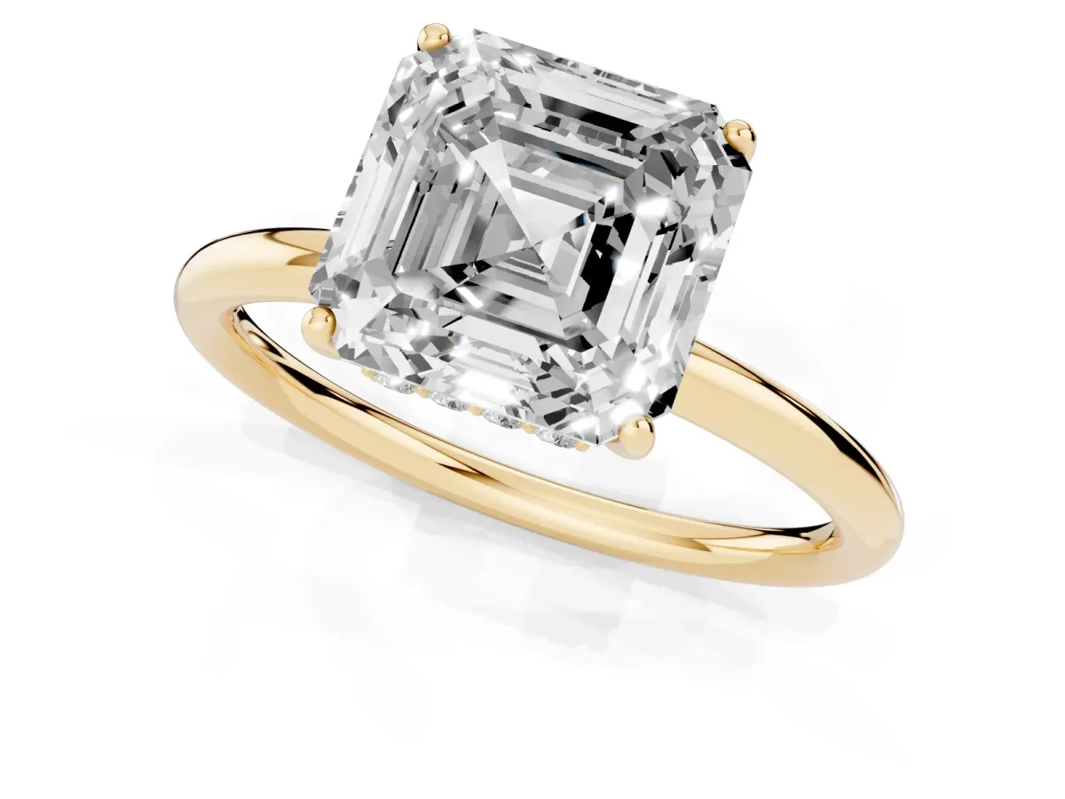 Asscher Cut Solitaire Diamond Ring with a Classic Band and Four-Prong Setting Yellow gold