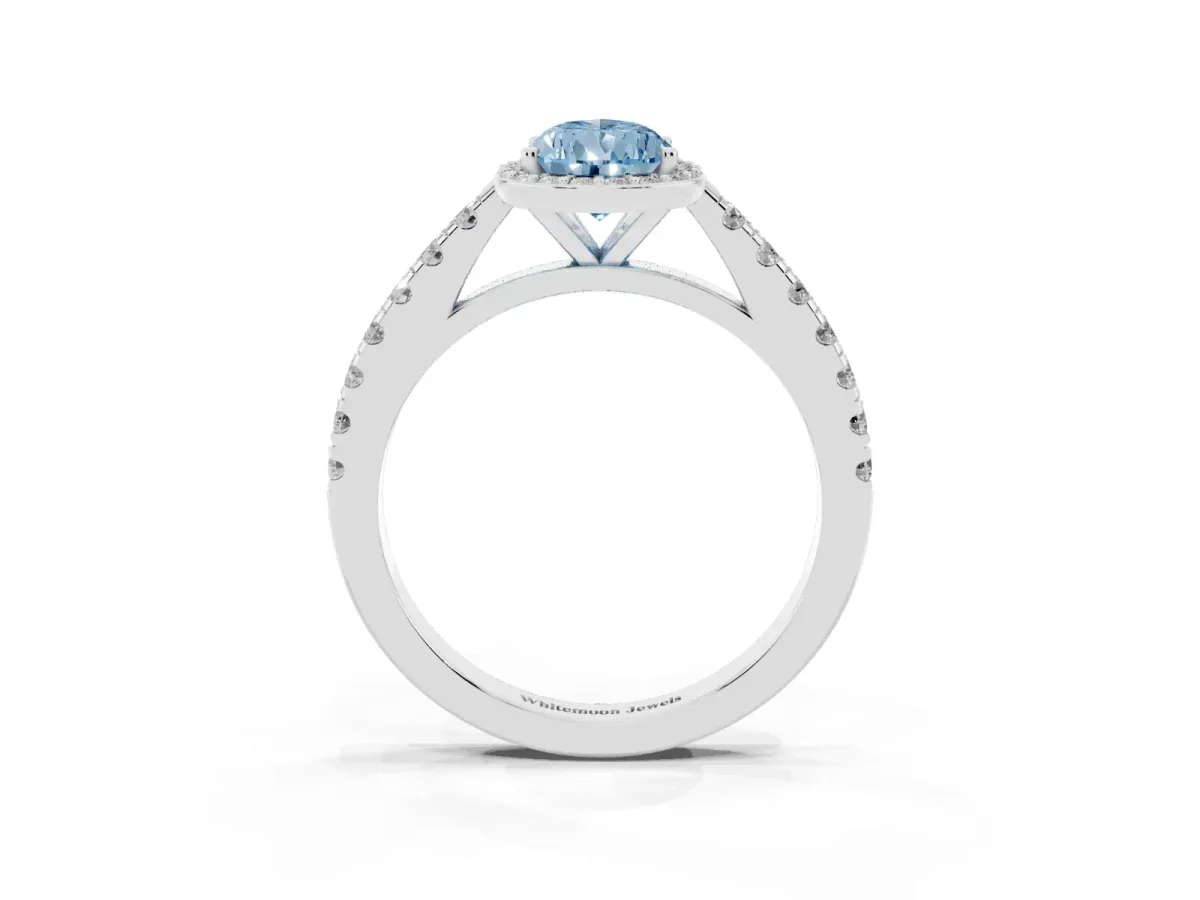 Fancy Blue Pear Cut Cut Halo Diamond Engagement Ring with Pave Band and Four-Prong Setting Platinum