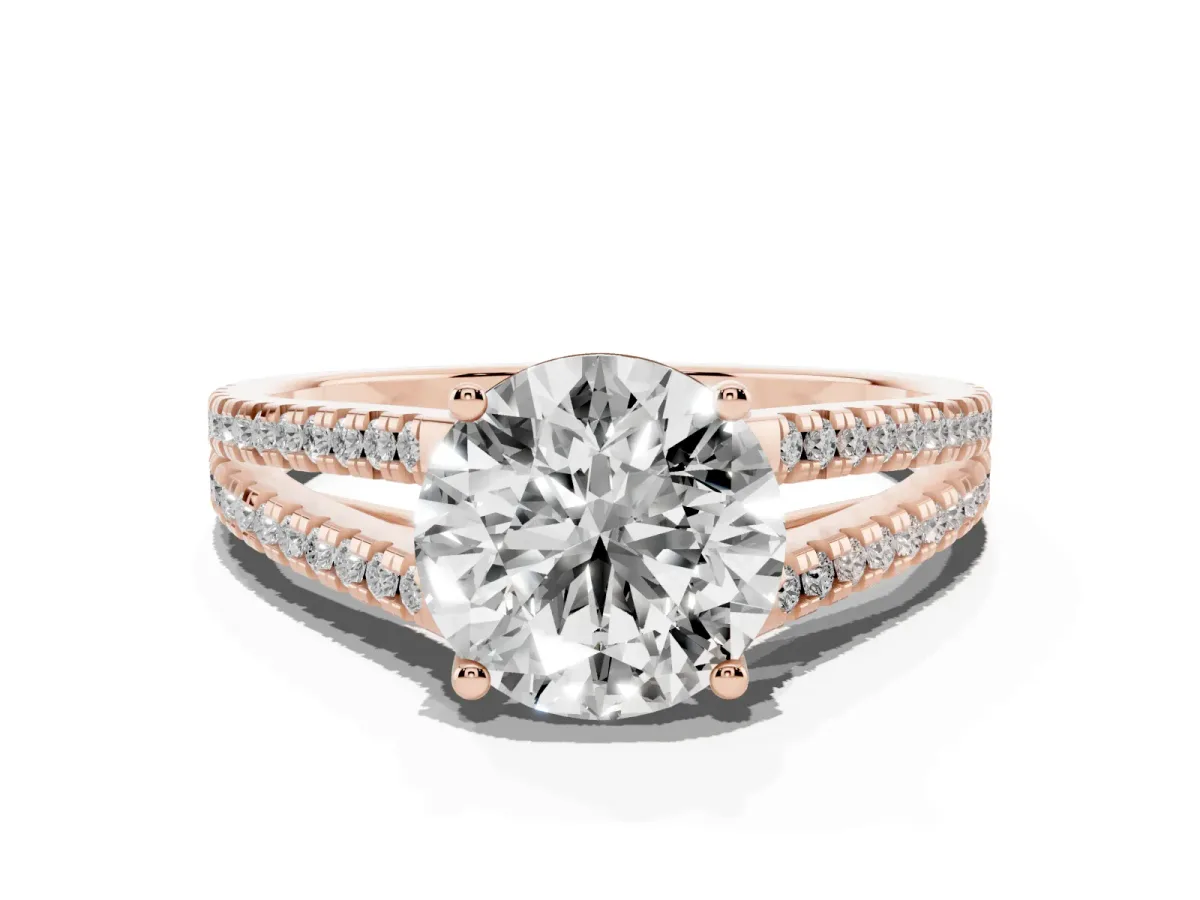 Round Cut Diamond Solitaire Engagement Ring with Split Shank Pavé Band Rose gold