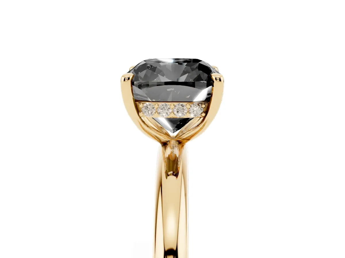 Fancy Black Cushion Cut Diamond Solitaire Ring with Thin Band and Four-Prong Setting Yellow gold