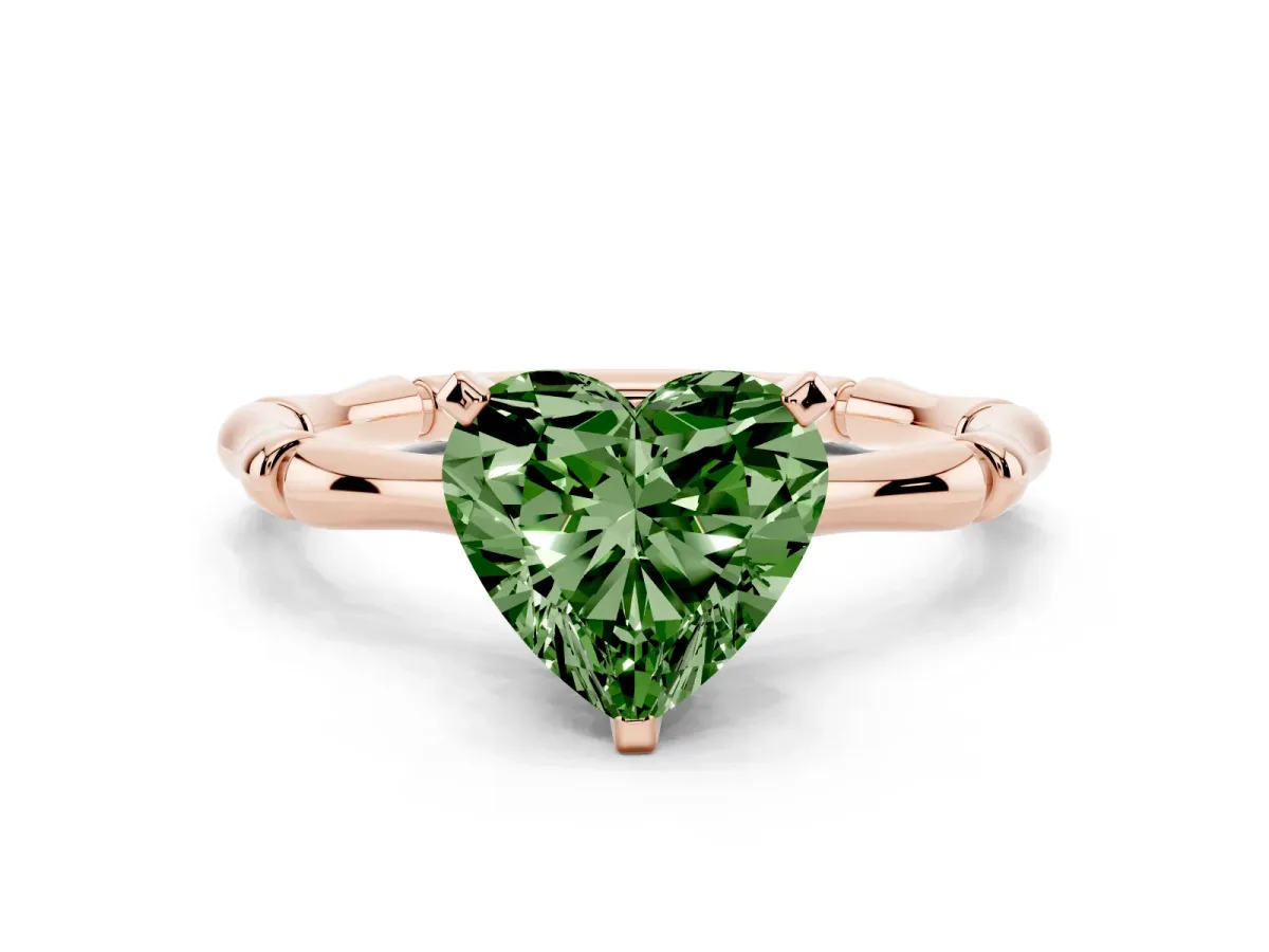 Fancy Green Heart Cut Solitaire Diamond Ring with Bamboo Band and Four-Prong Setting Rose gold