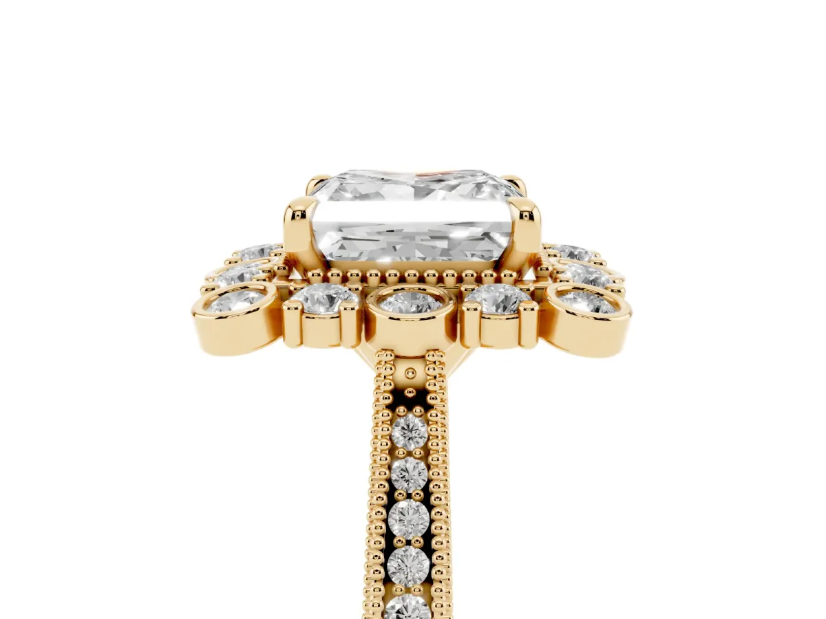 Princess Cut Halo Milgrain Pave Diamond Ring with Four-Prong Setting Yellow gold