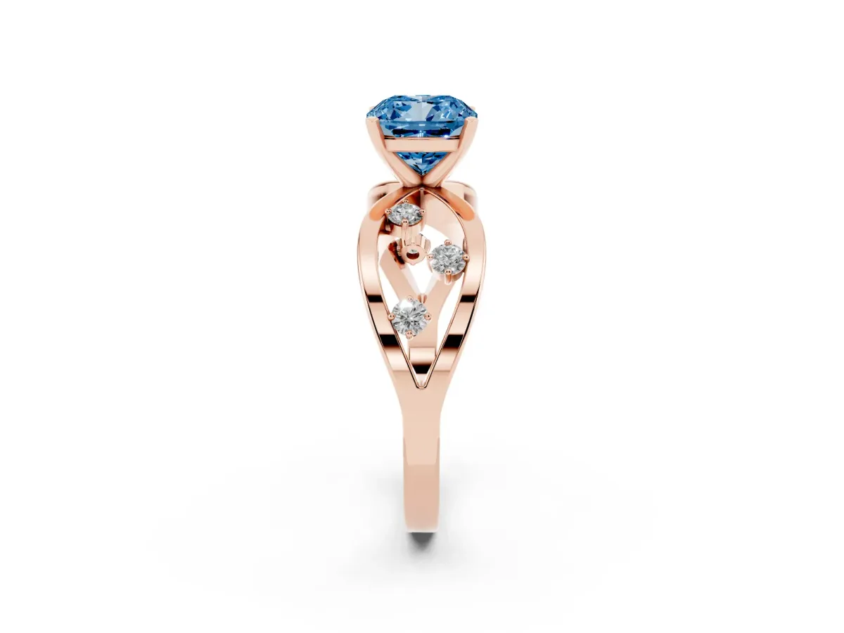 Fancy Blue Cushion Cut Cut Solitaire Diamond with Side Stones on Criss-Cross Band and Four-Prong Setting Rose gold