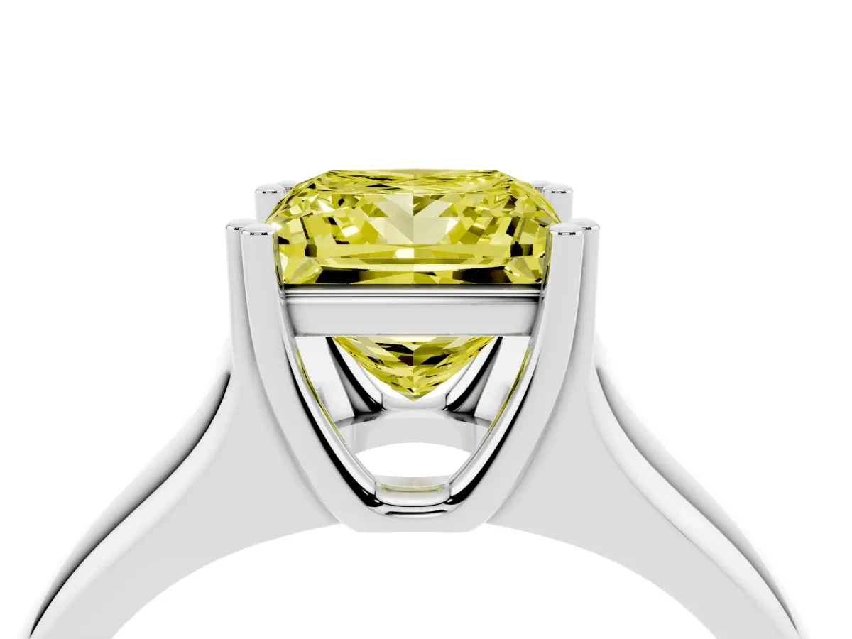 Fancy Yellow Princess Cut Diamond Solitaire Ring with Wide Band and Prong Setting Platinum