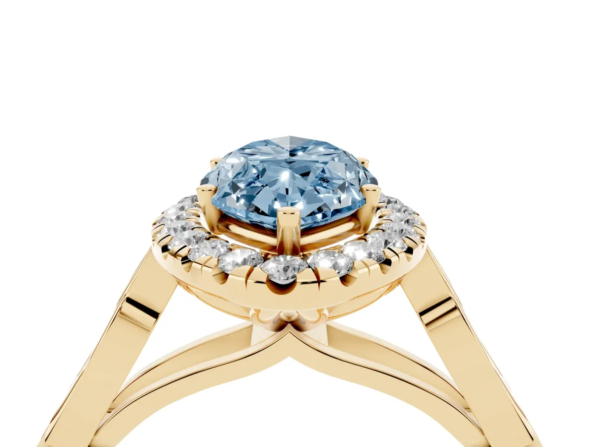 Fancy Blue Marquise Cut Halo Diamond Engagement Ring with Filigree Band and Four-Prong Setting Yellow gold