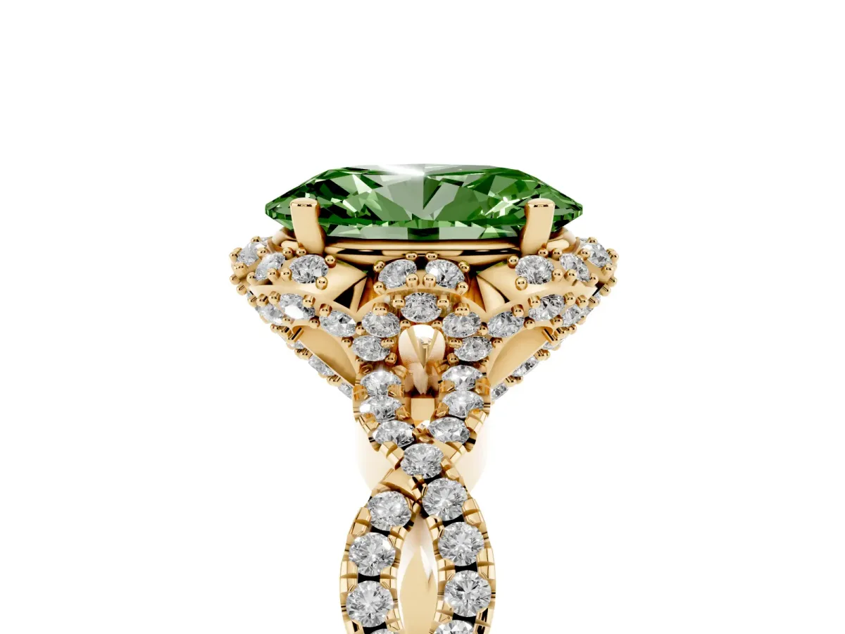 Fancy Green Oval Cut Halo Twist Band Solitaire Ring with Six-Prong Setting Yellow gold