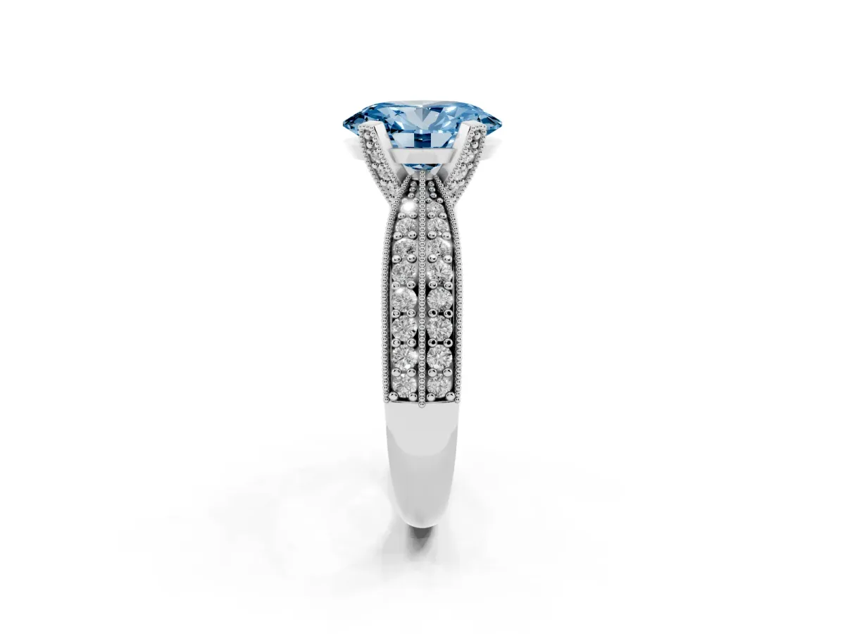 Fancy Blue Oval Cut Diamond Solitaire Ring with Milgrain Round Pavé Band and Prong Setting Silver