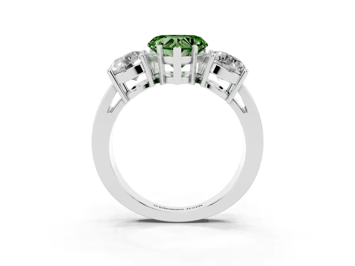 Fancy Green Three-Stone Heart Cut Diamond Ring with Round Side Stones, Classic Band, and Four-Prong Setting White gold