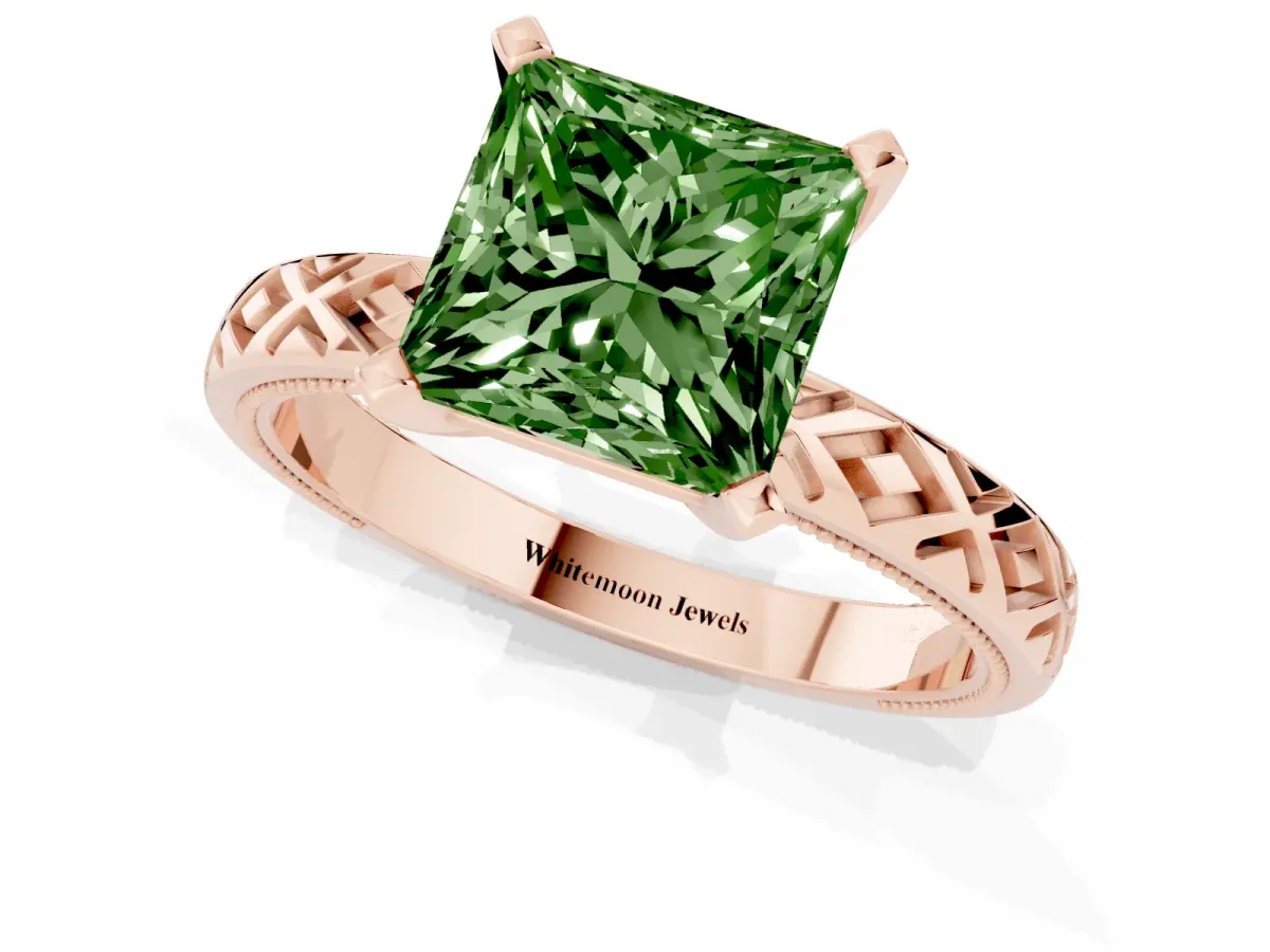 Fancy Green Princess Cut Solitaire Diamond Ring with Milgrain and Black Enamel X Pattern Band Rose gold
