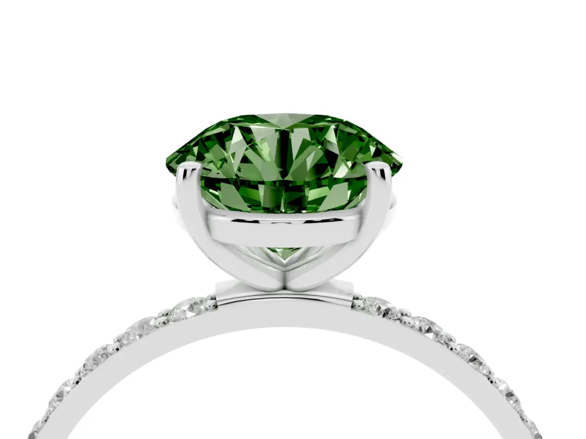 Fancy Green Round Cut Diamond Solitaire Ring with Round Pavé Shoulders and Prong Setting Silver