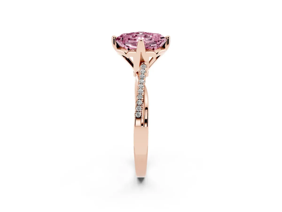Fancy Pink Asscher Cut Solitaire Twist Band with Pavé Diamonds and Four-Prong Setting Rose gold
