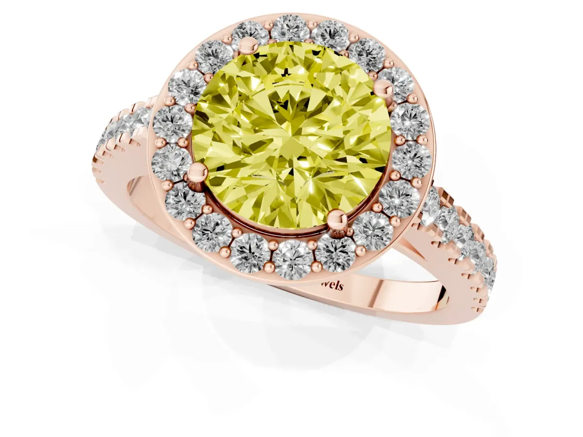 Fancy Yellow Round Cut Diamond Halo Ring with Round Pavé Split Shank and Prong Setting Rose gold