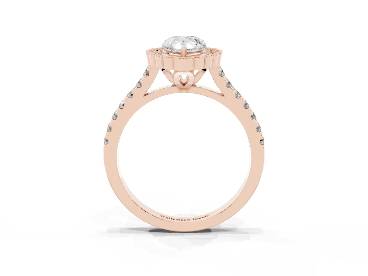 Pear Cut Cut Diamond Milgrain Floral Halo Engagement Ring with Pavé Band Rose gold